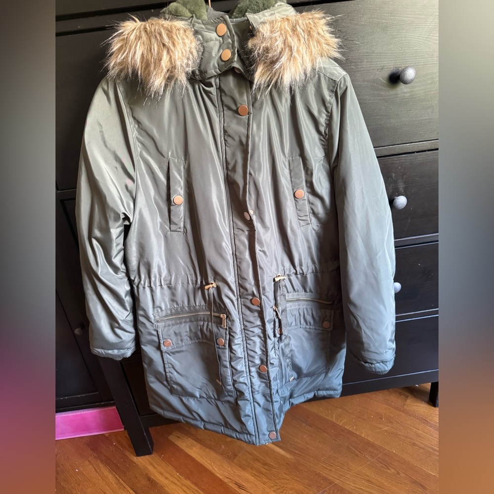 Time and Tru Army Green Faux Fur Long Coat